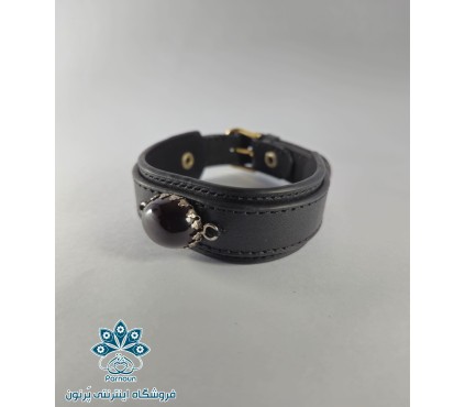 دستبند چرم سنگ اصل عقیق مشکی