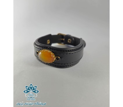 دستبند چرم با سنگ اصل عقیق نارنجی