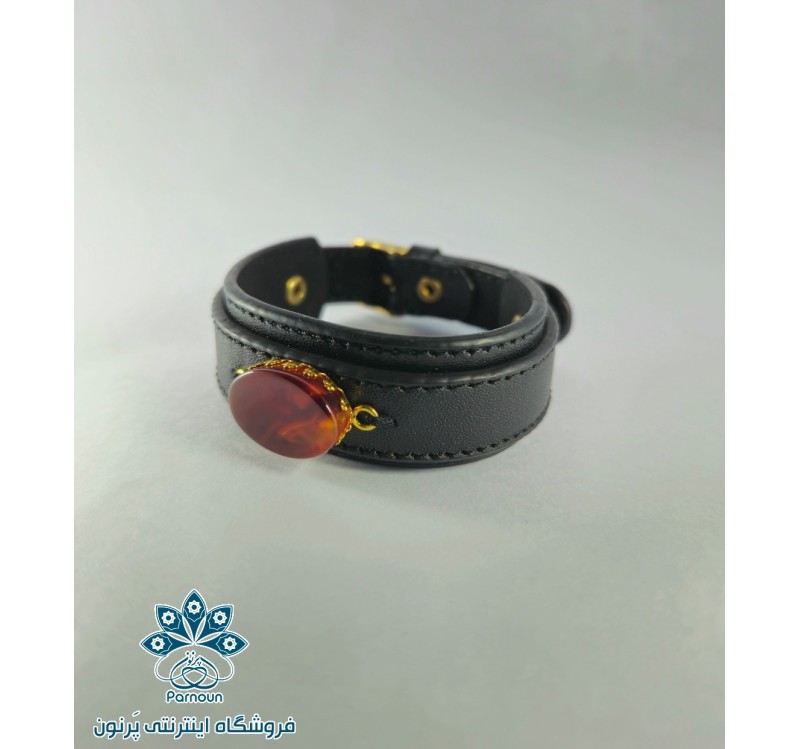 دستبند چرم با سنگ اصل عقیق قرمز