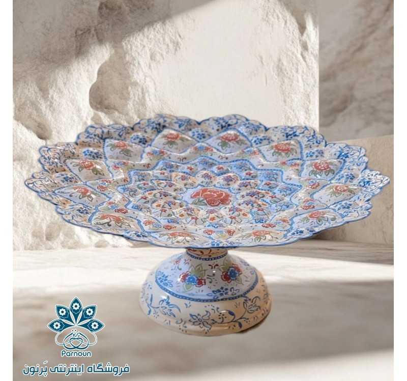 شیرینی خوری پایه دار مسی میناکاری با طرح گل های ختایی