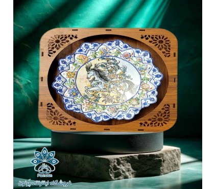 بشقاب میناکاری با قاب مشبک چوبی