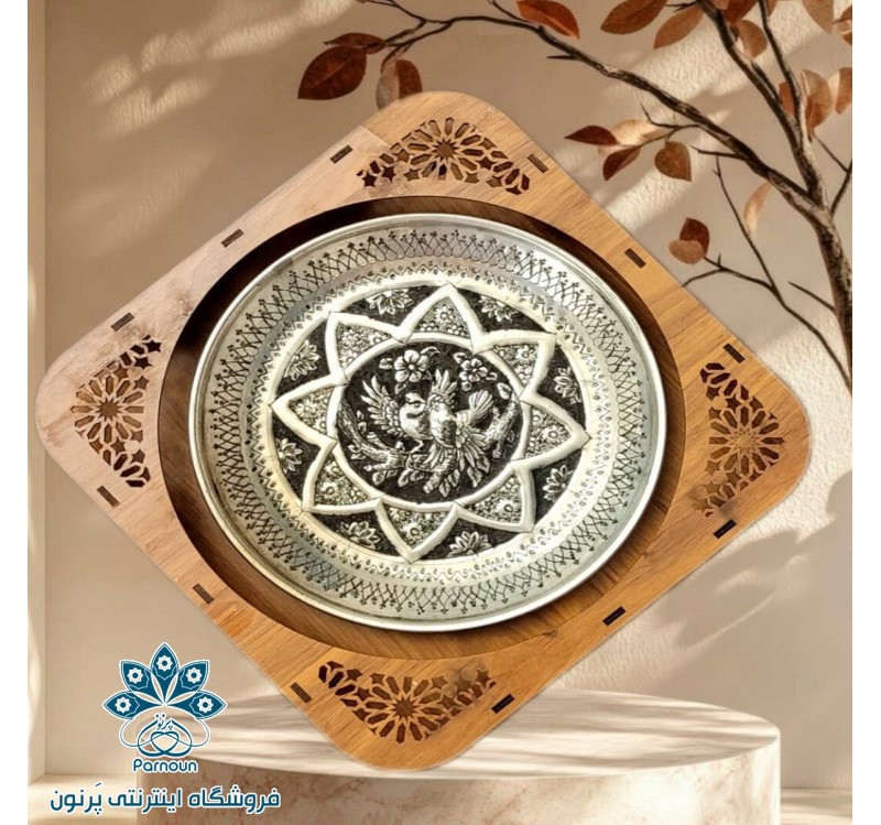 بشقاب مسی قلم زنی طرح گل و مرغ