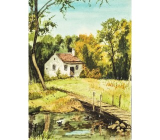 نقاشی آبرنگی "کلبه روستایی"