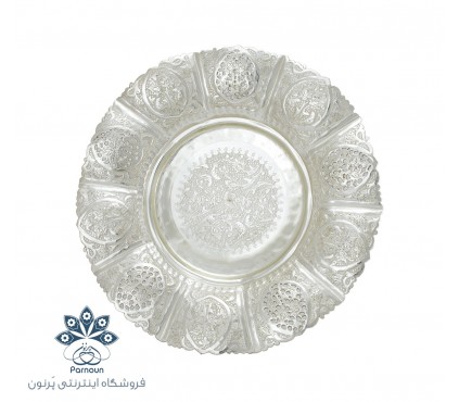 شیرینی خوری نقره نما با نقش قلمزنی گل و مرغ