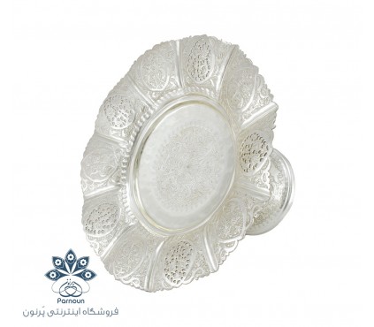 شیرینی خوری نقره نما با نقش قلمزنی گل و مرغ